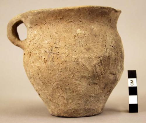 Pottery cup - one handle, crude outside finish, medium burnish inside