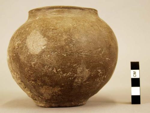 Small Barbotine pottery jar with lumpy applique and small lugs