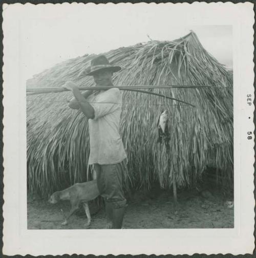 Photograph album, Yaruro fieldwork, p. 21, photo 5, man carrying fishing poles with fish on the line