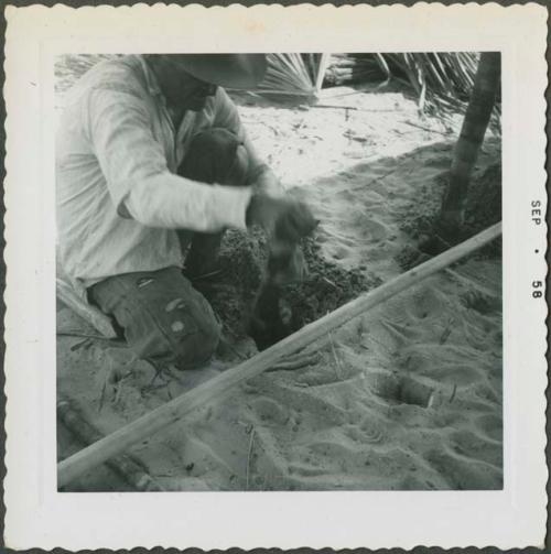 Photograph album, Yaruro fieldwork, p. 34, photo 2, constructing a building, preparing poles