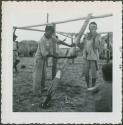 Photograph album, Yaruro fieldwork, p. 35, photo 1, constructing a building, cutting poles