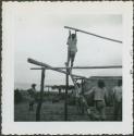 Photograph album, Yaruro fieldwork, p. 35, photo 2, constructing a building, placing poles