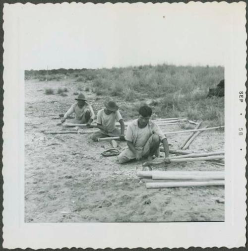 Photograph album, Yaruro fieldwork, p. 36, photo 2, constructing a building, notching poles