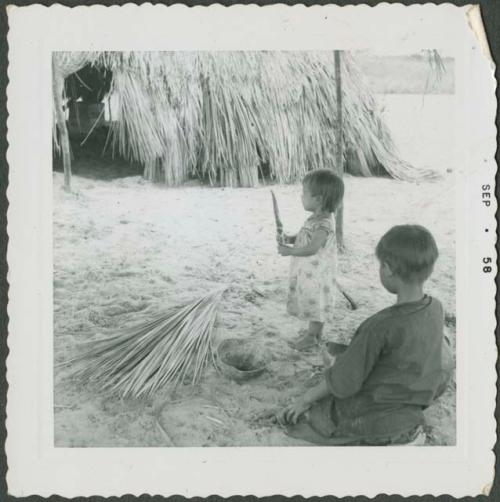 Photograph album, Yaruro fieldwork, p. 44, photo 3, children under thatched roof