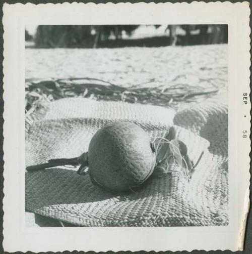 Photograph album, Yaruro fieldwork, p. 60, photo 3, decorated object on woven sack