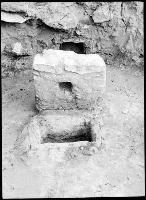 Site 104, Room 7, detail of firepit, deflector and ventilator shaft.