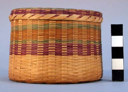 Nest of 7 small baskets & covers--banded design in green, buff, purple