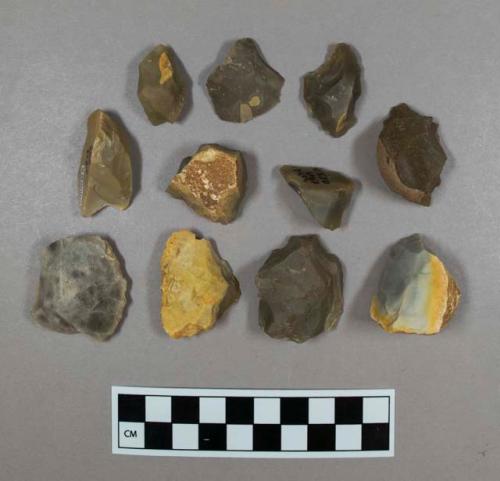 Flint, 11 flakes and cores, some with cortex, beige, gray, brown