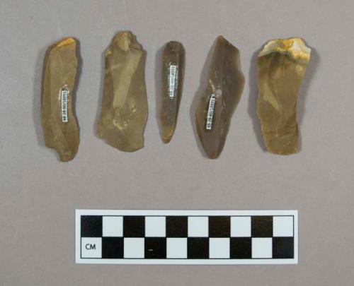 Flint blades; two with cortex; tan colored stone