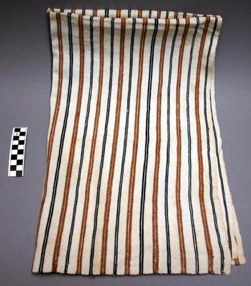 Woman's head cloth - everyday use, less common type; brown, black stripes on whi