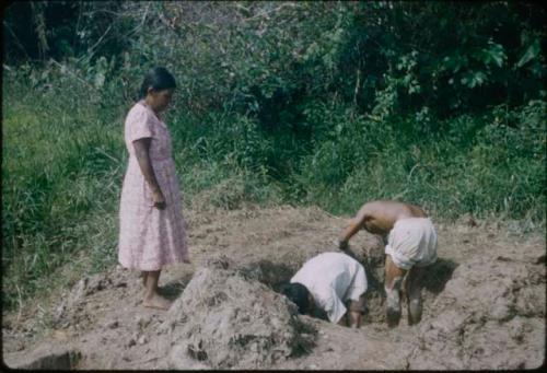 Woman in a pink dress with two men digging a hole
