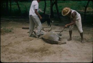 Two men branding an animal, possibly a donkey