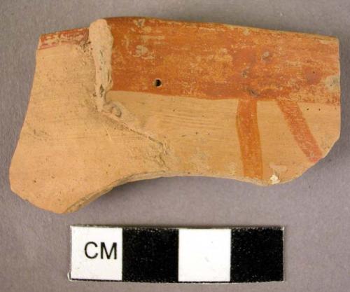 Rim potsherd with handle fragment; 2 potsherds;  - part of naturalistic designs