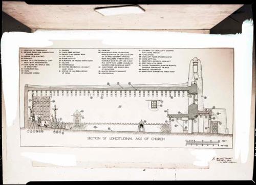 Ross Montgomery drawing of Awatovi church. Section: longitudinal axis.