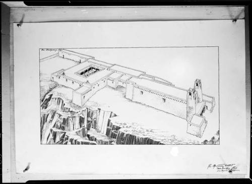 Ross Montgomery drawing of Awatovi church.  Bird's-eye view.