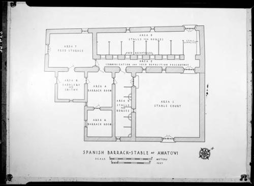 Ross Montgomery drawing of Awatovi church. Spanish barrack-stable plan.