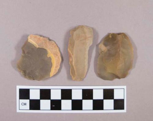 Flint, 7 flakes, some with cortex, tan, gray, brown