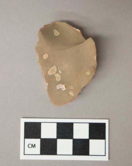 Flint scraper, grey colored stone, contains cortex