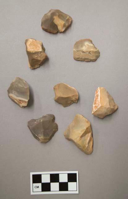 Flint scrapers, including tan, grey, brown, cream and pink colored stone, some contain cortex