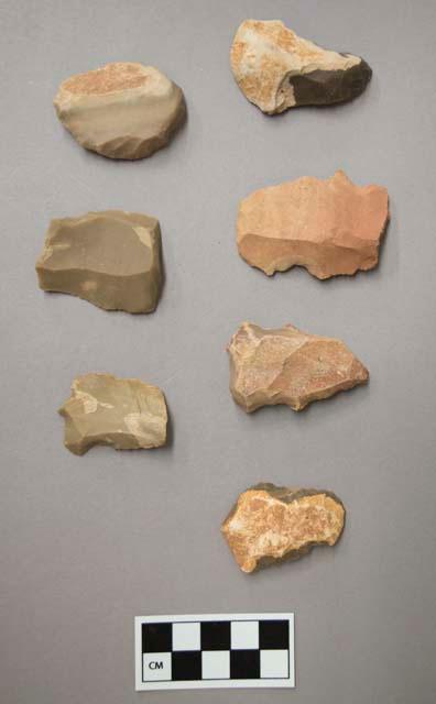 Flint scrapers, including tan, grey, brown and purple colored stone, some contain cortex