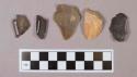 Flint flakes; points; one with cortex; variously colored stone