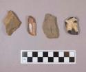 Pointed flint flakes; burins; two with cortex; variously colored stone