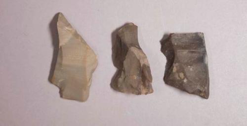 Flint flakes; four with cortex; brown and tan colored stone