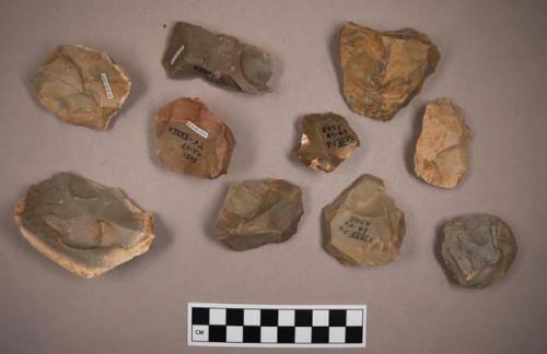 Flint cores, including cream, tan, brown and grey colored stone, some contain cortex