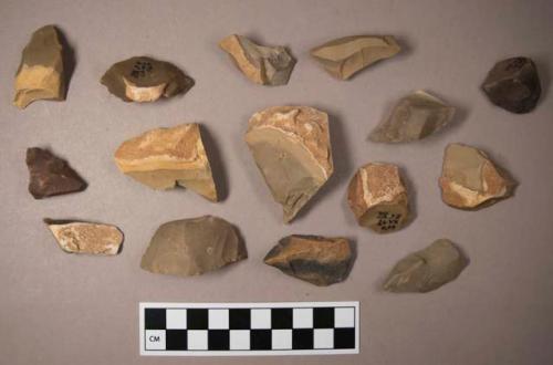 Flint flakes and burins, including tan, brown, grey and cream colored stone, some contain cortex