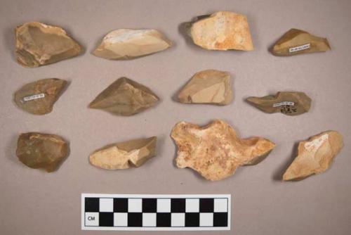 Flint flakes, including tan, cream, brown and grey colored stone, some contain cortex