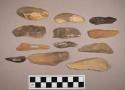 Flint blades, including tan, grey, brown and rust colored stone, some contain cortex