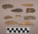 Flint blades, including tan, brown and grey colored stone, some contain cortex