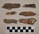 Notched flint flakes; various tool types; 2 with cortex; variously colored stones