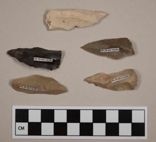 Flint blades; Ksar Akil points; variously colored stone