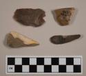 Flint flakes and blades; variously colored stone; 2 with cortex