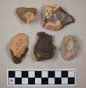 Flint flakes; pointed endscrapers; three with cortex; variously colored stone