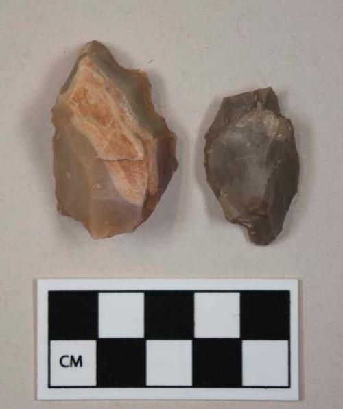 Flint flakes; one with cortex; pointed endscrapers; gray and tan colored stone
