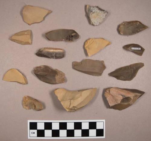 Flint flakes, including tan, cream, brown, grey and rust colored stone, some contain cortex