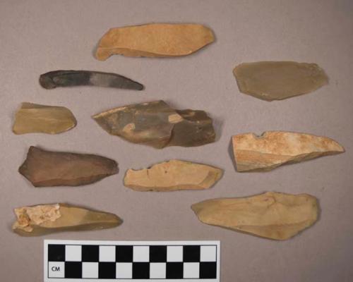 Flint flakes and blades, including tan, grey, brown, cream, red and purple colored stone, some contain cortex
