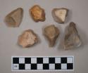 Flint flakes; pointed scrapers; three with cortex; variously colored stone