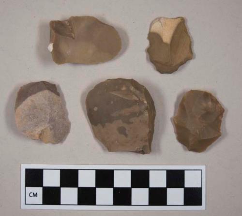 Flint flakes; three with cortex; endscrapers; tan and gray colored stone