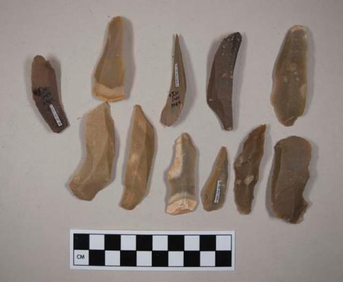 Flint blades; three with cortex; tan and brown colored stone