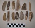 Flint blades; some with cortex; tan, brown, gray, and red-colored stone