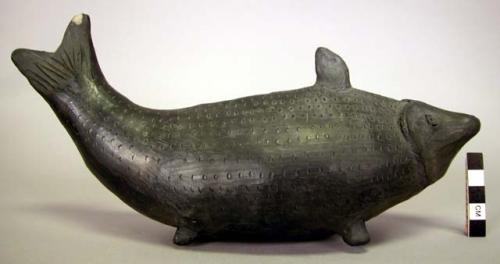 Ceramic black burnished fish bank figurine (w/coins)