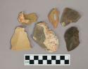 Flint flakes; three notched; two with cortext; various colors