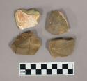 Flint fakes; three with cortex; brown and cream colored stone