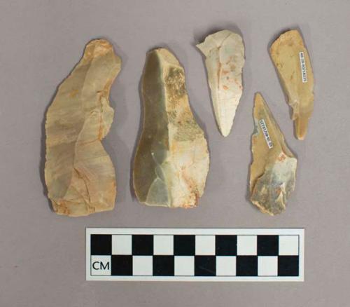 Flint flakes; five with cortex; mostly cream colored stone