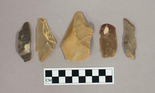 Flint flakes, including tan, grey, brown and red colored stone, some contain cortex