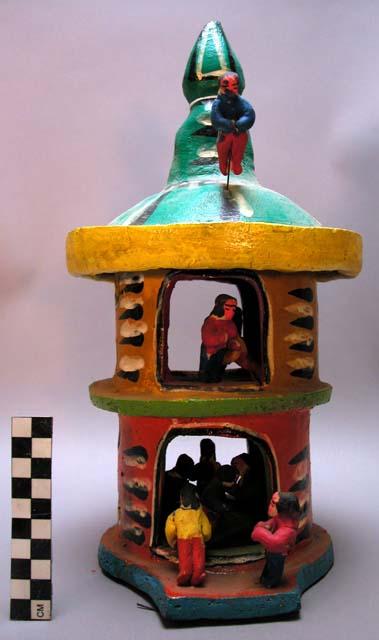 Ceramic polychrome partially glazed 2 story circular building