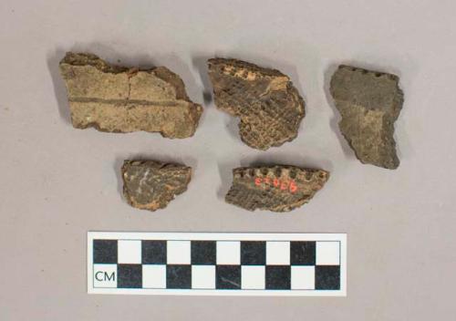 Ceramic, earthenware body and rim sherds with impressed and incised exterior decoration.